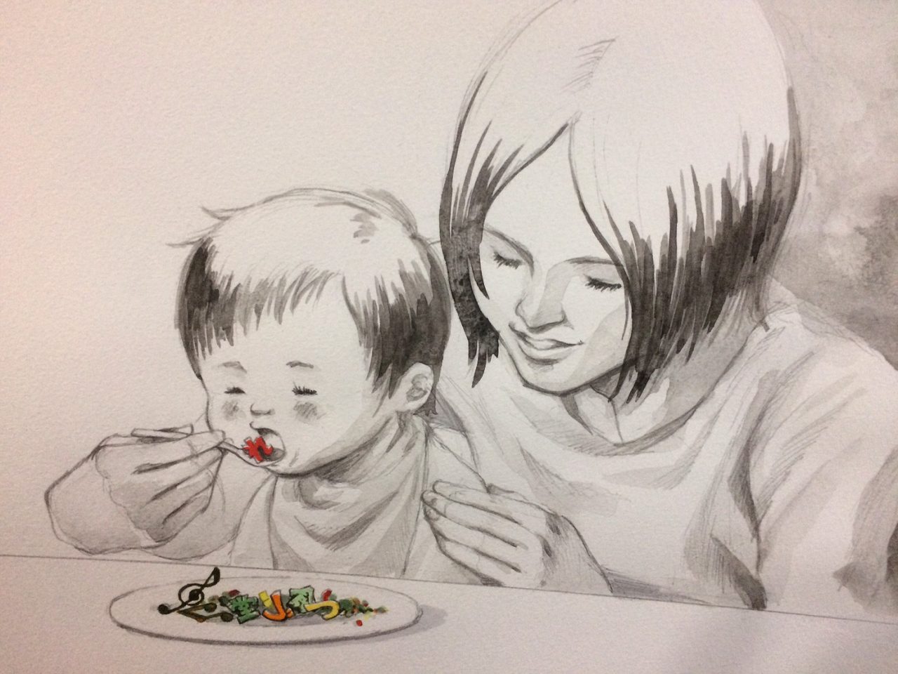 母が子に食事を食べさせているイラスト